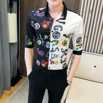 

Fashion Streetwear Social Men Dress Shirts Casual Slim Letter Print Blusa Nightclub Tops Camisa Brand Luxury Patchwork Shirt Men