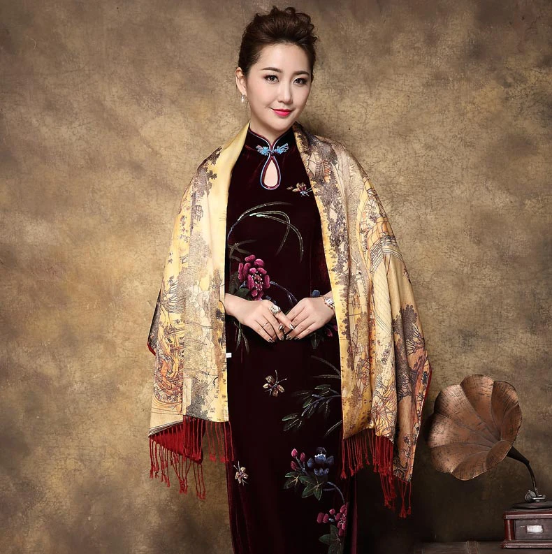 Национальный стиль Cheongsam картина маслом шаль шарф женский шелковый кашемировый шарф ретро свадьба вечеринка накидка палантин обертывания - Цвет: 3