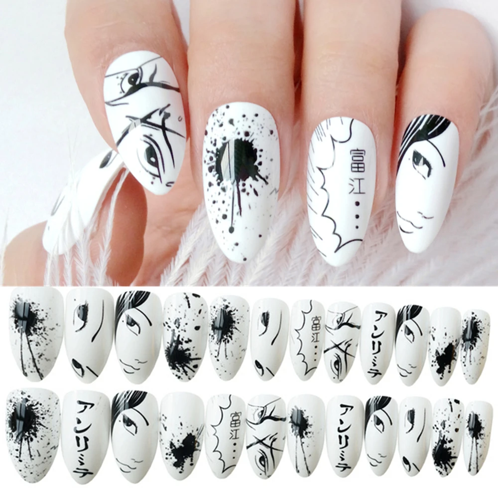 24個光沢のある黒 白アニメショート偽爪の女性の人工偽の爪diyプレス指のヒントマニキュアツール False Nails Aliexpress