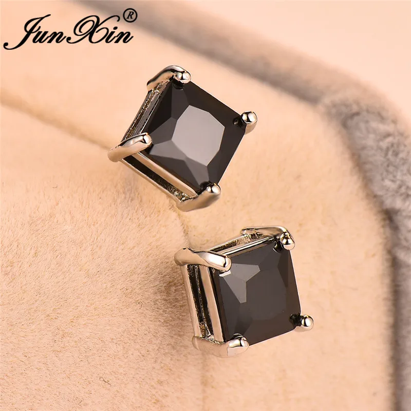 Vintage Mens Black Stone Square Earrings Simple Stacking Differ Sizes Zircon Crystal Wedding Stud Earrings For Men Women