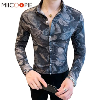 

Summer Spring 2020 Mens Long Sleeve Shirt Dress Fashion Printed New Style Black Blouse Men Streetwear Button Down Camisa Hombre
