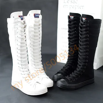 

High To Help High Tube Long Tube Dance Rubber Casual Canvas Over Knee Boots Side Zipper Tie Single Shoes Women's Shoes Boots