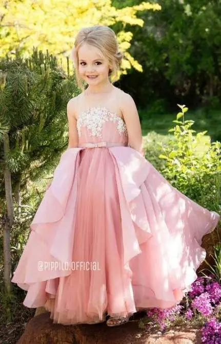

Blush Pink Sleeveless Sheath Flower Girls Dress Attachable Train Removable Train Girls Birthday Celebration Dresses Custom Made
