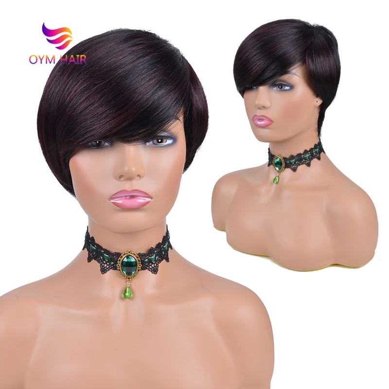 

OYM Short Pixie Cut Wigs For Black Women 150% Brazilian Remy Straight Human Hair Wig Side Part Ombre Full Short Wigs