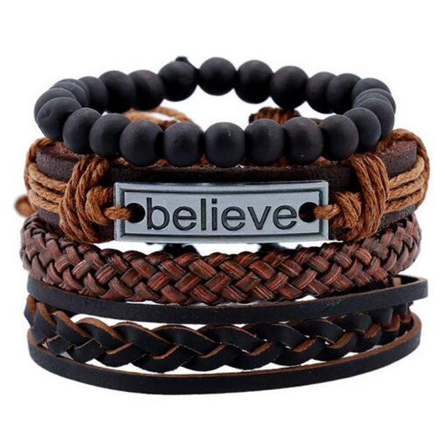 Stone Men Bracelet Multi-layer Handmade Weaved Punk Leather Rope Chain Stainless Steel Bangle Male Jewelry Gifts