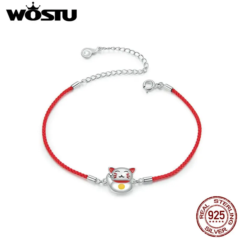 WOSTU Lucky Cat красный веревочный браслет 925 пробы Серебряный регулируемый браслет на цепочке для женщин модные вечерние ювелирные изделия CTB012