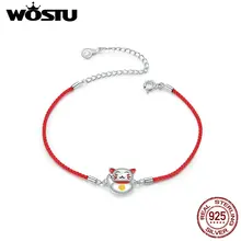 WOSTU Lucky Cat красный веревочный браслет 925 пробы Серебряный регулируемый браслет на цепочке для женщин модные вечерние ювелирные изделия CTB012