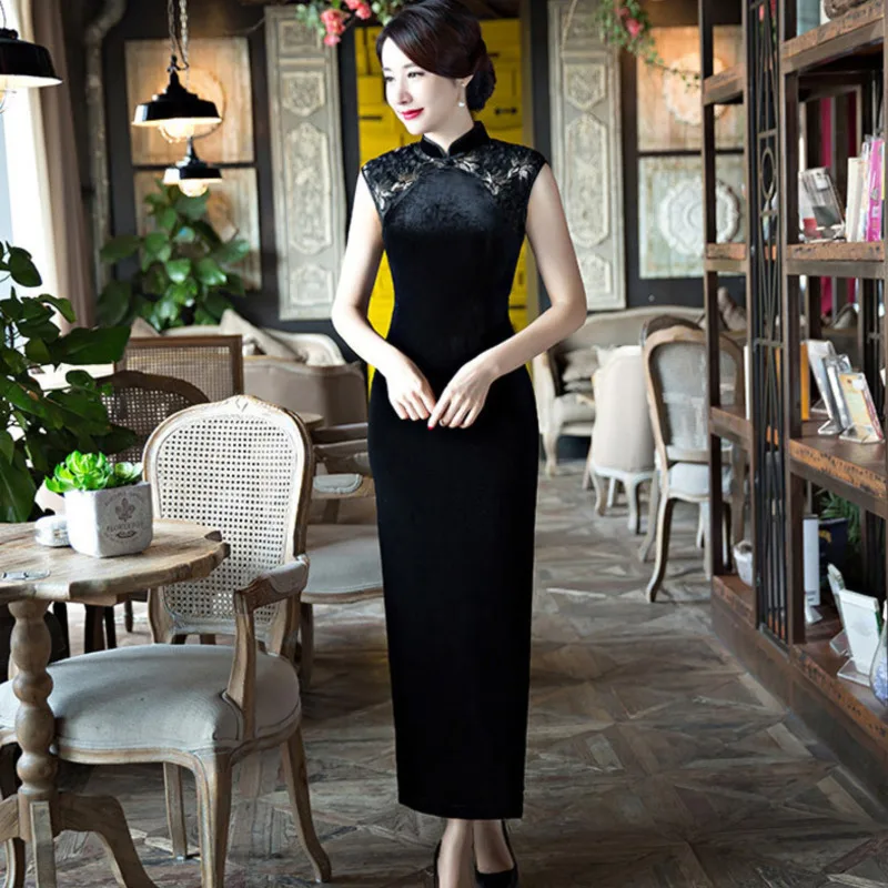 SHENG COCO женский черный Ципао без рукавов платья сексуальное без рукавов бархатное кружевное открытое Qipao длинное платье китайское платье плюс размер