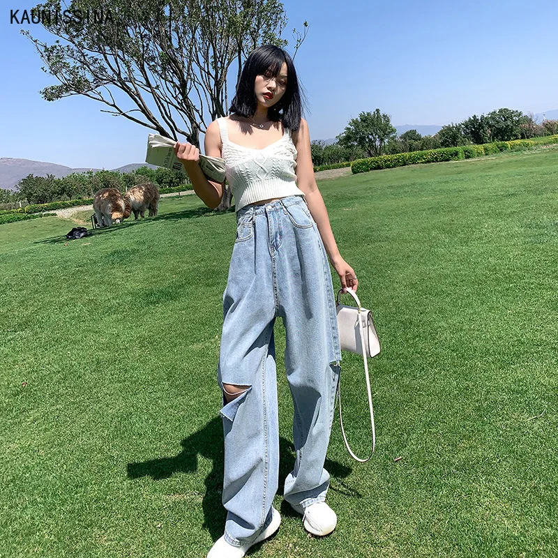 

New High Waist Straight Jeans Women Summer Autumn Loose Wide Leg Pants Fashion Holes Street Style Vintage Korean Style Ins Jeans
