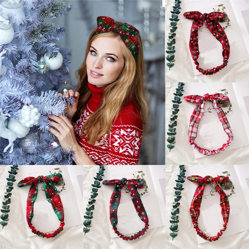 

Fashion Xmas Snowflake Knot Girls Hair Bands Christmas Printed Headband Rabbit Ears Cross Knotted Elastic Hair Band Headwrap