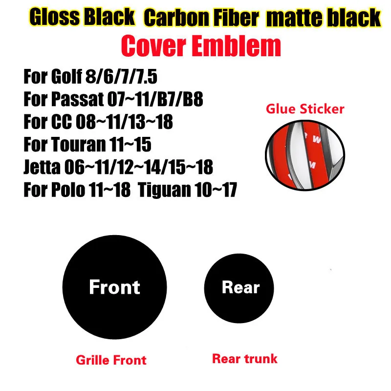 Gloss Black Carbon Fiber Disassembly-free Front Grill Badge or Rear Emblem Stickers for Golf 6/7/7.5 POLO CC Passat Jetta Tiguan |