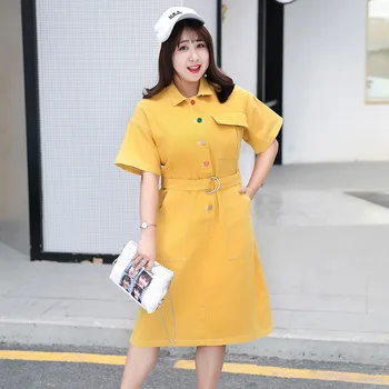 

2020 spring new Korean version of fat mm large size women's clothing plus fat color denim dresses T010