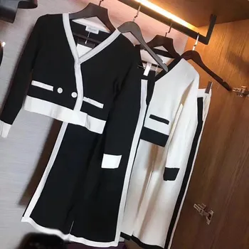 

2019 New Women Korea Knitting Set Female Casual Fall Spring Suit Solid Button Long Sleeve Tops And Wide Leg Pants Set