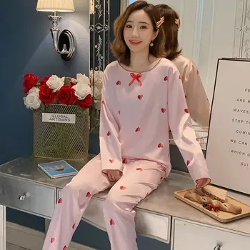 

Wholesale 2 Pcs Female Sleepwear Nightgown Set Pajamas Female Cute Cartoon O Neck Plus Size Autumn Women Sleepwear W1