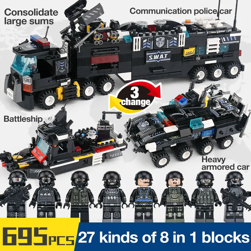 

8pcs/lot 695Pcs City Police SWAT Truck Building Blocks Sets Ship Vehicle Technic LegoINGLs Bricks Playmobil Toys for Children