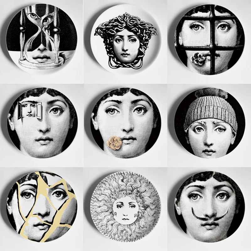 Fornasetti черно-белая иллюстрационная тарелка, настенная тарелка, домашний декор для отеля, человеческое лицо, керамическая посуда для декора стен