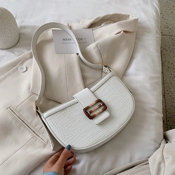 

FANTASY Resin Ornament Saddle Bags For Women 5 Colors Stone Crocodile Pattern Shoulder Bags Lady 2020 Newest Trendy Armpit Bags