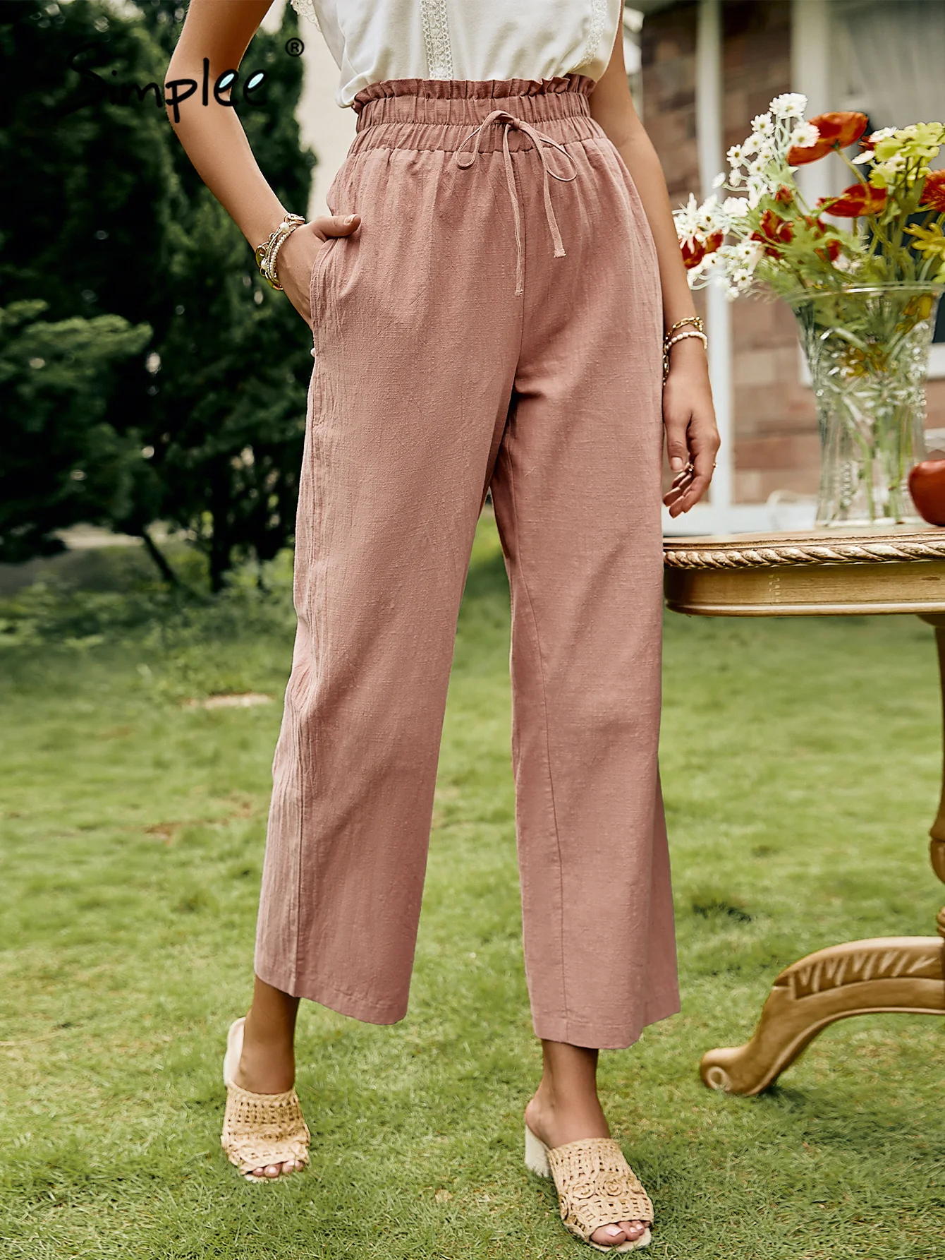 fartey Cotton Linen Pants for Women Summer Casual Loose Trousers Embroidered Wide-Leg Pants with Pockets 