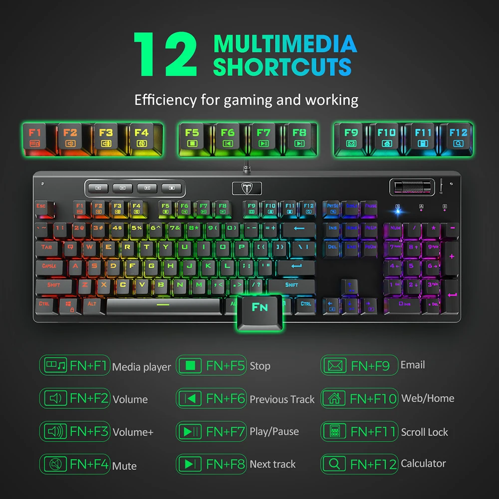 PICTEK Mechanical Keyboard Red Switch Gaming Keyboard With RGB Backlit 104 Keys 19 Key Anti-Ghosting Wired Keyboard For PC Gamer