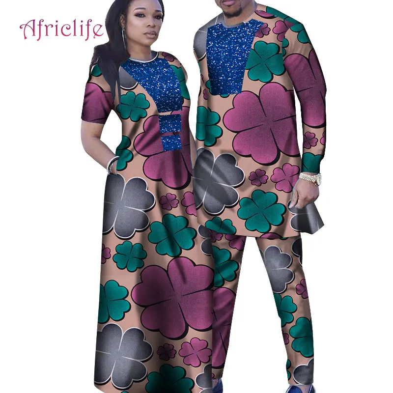 Африканская ткань Bazin женское длинное платье с карманами и длинным рукавом мужские костюмы Хорошее качество парные платья WYQ286 - Цвет: 10