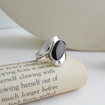 

Oval Black Epoxy Ring Adjustable 100% 925 Sterling Silver Jewelry Wide Big Ring Geometric Exaggerated Open Ring Women Party Gift