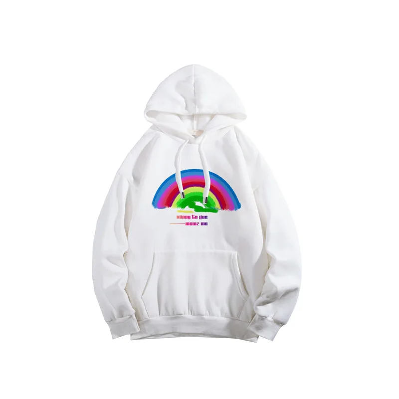 

2020 Autumn And Winter New Plus Velvet Rainbow Print Men's Hoodies Pullover Couple Loose Fashion Hoodies Top