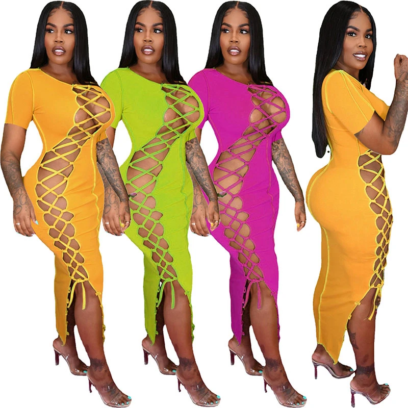 

Neon Color Women Summer Short Sleeve Dress Cross Lace Up Hollow Out Wrap Dress Sexy Side Split Bandage Nightclub Party Bodycon