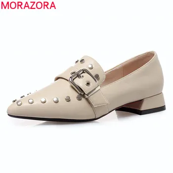 

MORAZORA 2020 new arrive simple single shoes low heel pointed toe rivtes ladies shoes pu leather summer women pumps