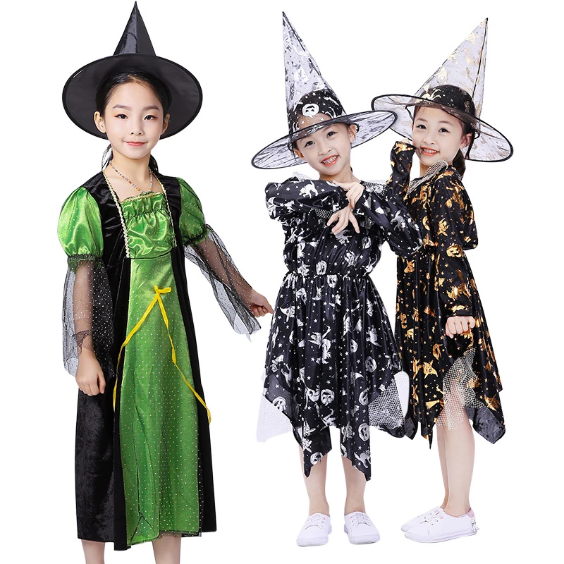 

Magic Witch Girl Party Princess Dress Halloween Kid Clothes Matching Conical Cap Carnival Cartoon Role Play Prom Gown Costume