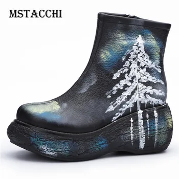 

MStacchi Woman Graffiti Painting Wedges Short Boots Ethnic Sewing Round Toe Martin Boots Novelty Miss Zipper Pleated Ankle Boots