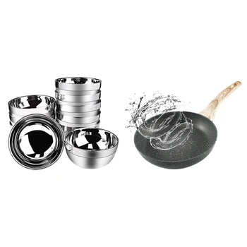 

Pancake Steak Pot Flat Non-Stick Frying Pan with 10 Pack Double Walled Insulated Metal Snack Nesting Bowl Set