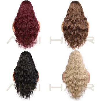 AISI HAIR  Long Wavy Black Wigs Brown and Red Wave Synthetic Wig for Women Natural Middle Part Heat Resistant Hair 3