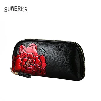 

SUWERER New Real cowhide leather Fashion flowers luxury clutch bag woemn Genuine Leather bag Women's famous brand Embossing bag