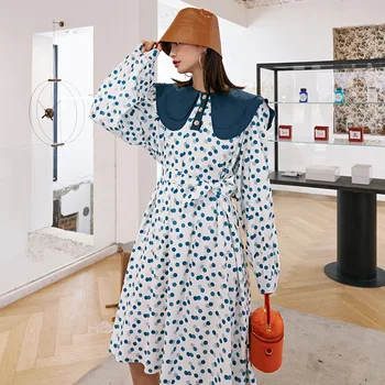 

Korea can ship Sweet vintage dot printting Dresses for famale 2020 spring fashion new Peter pan Collar dress with belt Y928