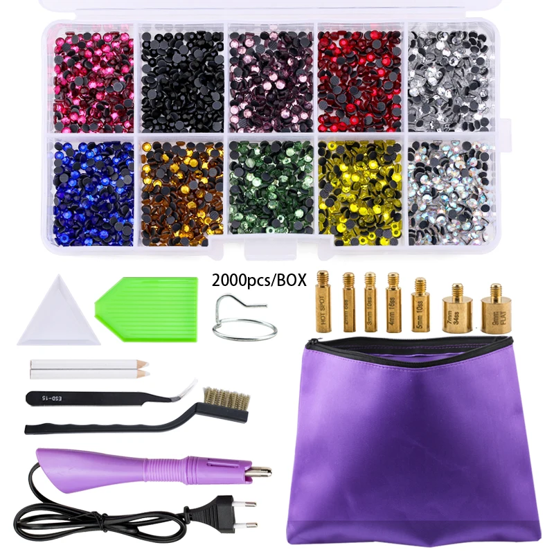 QIAO Hot Fix Rhinestones Set EU/US PLUG Hotfix Applicator 7 Tips Iron-on Crystal Glass Rhinestone Strass For Garment Decorations 