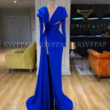 Новое поступление, Длинные вечерние платья, v-образный вырез, длинный рукав в арабском стиле, стильные женские вечерние платья Королевского синего цвета