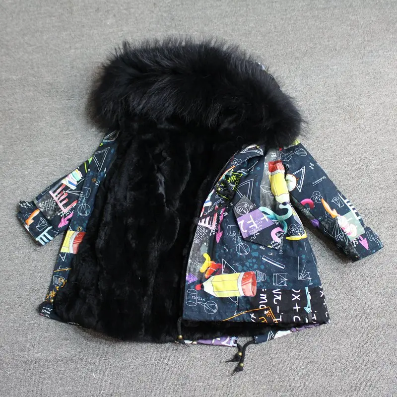 blue black fur Одежда для маленьких девочек зимняя куртка с натуральным мехом парка, ветровка для мальчика с большим мехом, пальто с капюшоном для девочек, детские куртки, одежда - Цвет: blue black fur