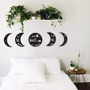 

Boho Style Wooden Triple Moon Shelf Set Wall Decor Crystal Display The Moon Phase Wood Shelves Crescent Moon Essential Oil Rack