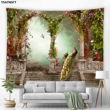 Pawie gobelin kolumna rzymska kwiaty roślina psychodeliczny gobelin z leśnym widokiem ściany wiszące naścienne koc do sypialni Hippie Decor tanie i dobre opinie YSATNSFT CN (pochodzenie) 100 poliester PRINTED Duszpasterska joyous Rectangle
