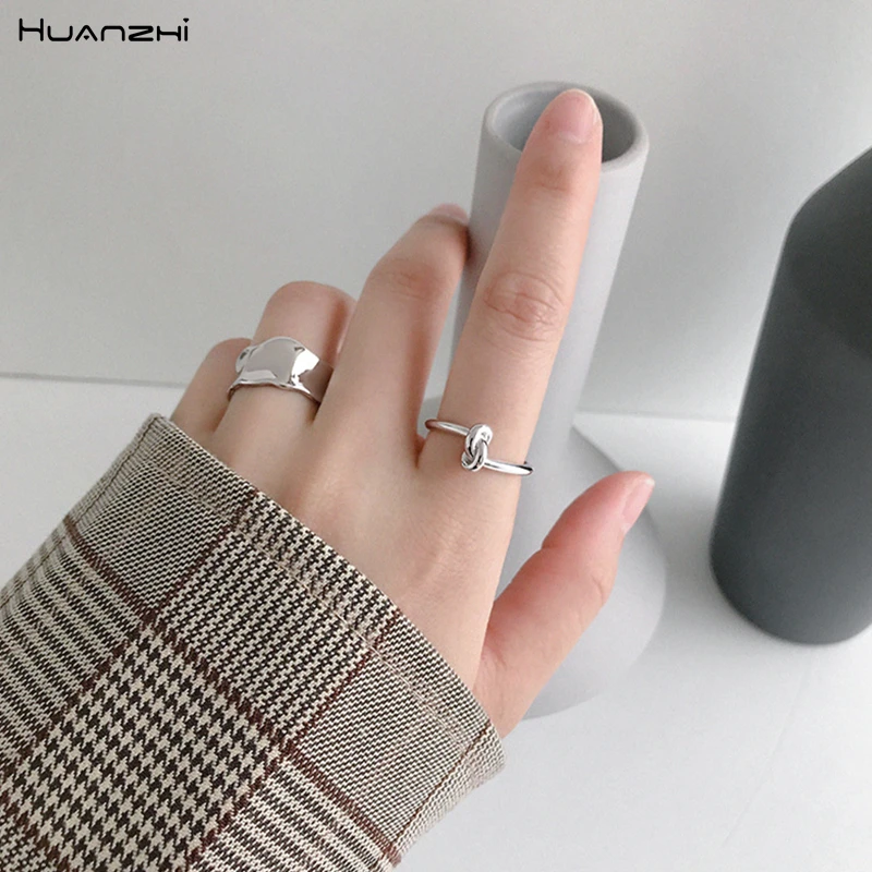 

HUANZHI Copper Tie Design Minimalist Open Rings Gold Silver Color Metal Geometric Finger Rings for Women Girl Party Jewelry