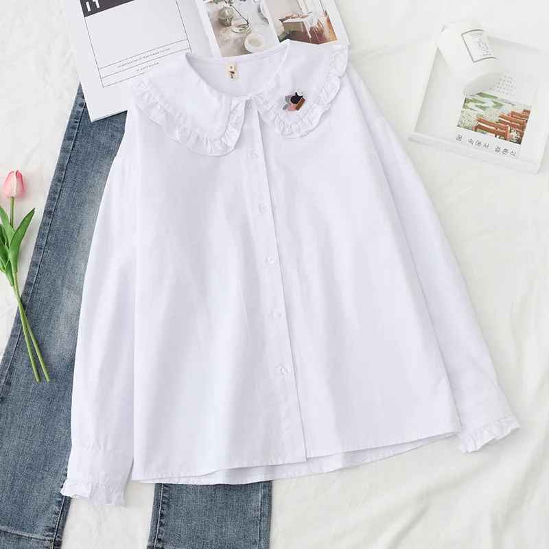 

Literary New Autumn Sweet White Shirts Women Blouses Korean Peter Pan Collar Ruffles Patchwork Cotton Clothes Cute Girls Blusas