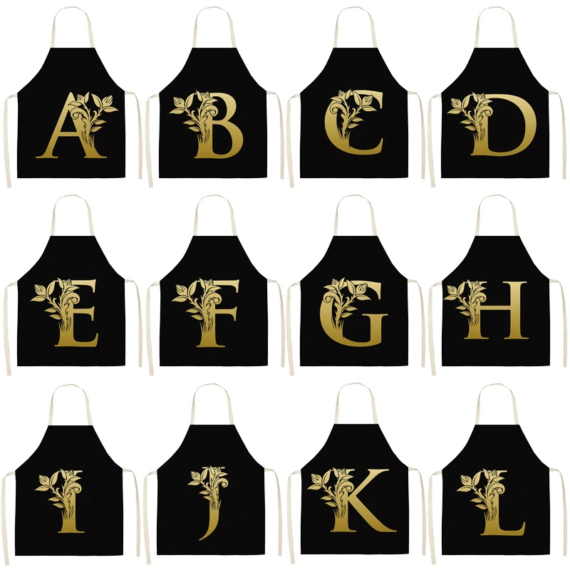 

Gold Letter Alphabet Pattern Kitchen Apron For Woman Sleeveless Cotton Linen Aprons Cooking Home Cleaning Tools 53*65cm WQ0051