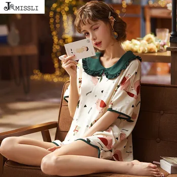 

JRMISSLI Summer New Lady's Cotton Pajamas Set Sleep Wear Lovely Pattern Printing Homesuit Clothes Pyjamas for Women