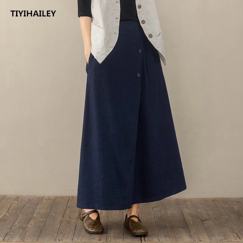 TIYIHAILEY Fashion Free Shipping Patchwork Vintage Long Maxi A-line Skirts Women Elastic Waist Spring Autumn Linen Blue Skirts