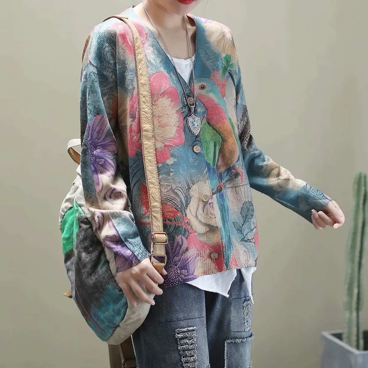 2020 Spring Autumn Sweater Women Retro Loose Cardigan All-match Tops New V-Neck Print Knitting Casual Coat |