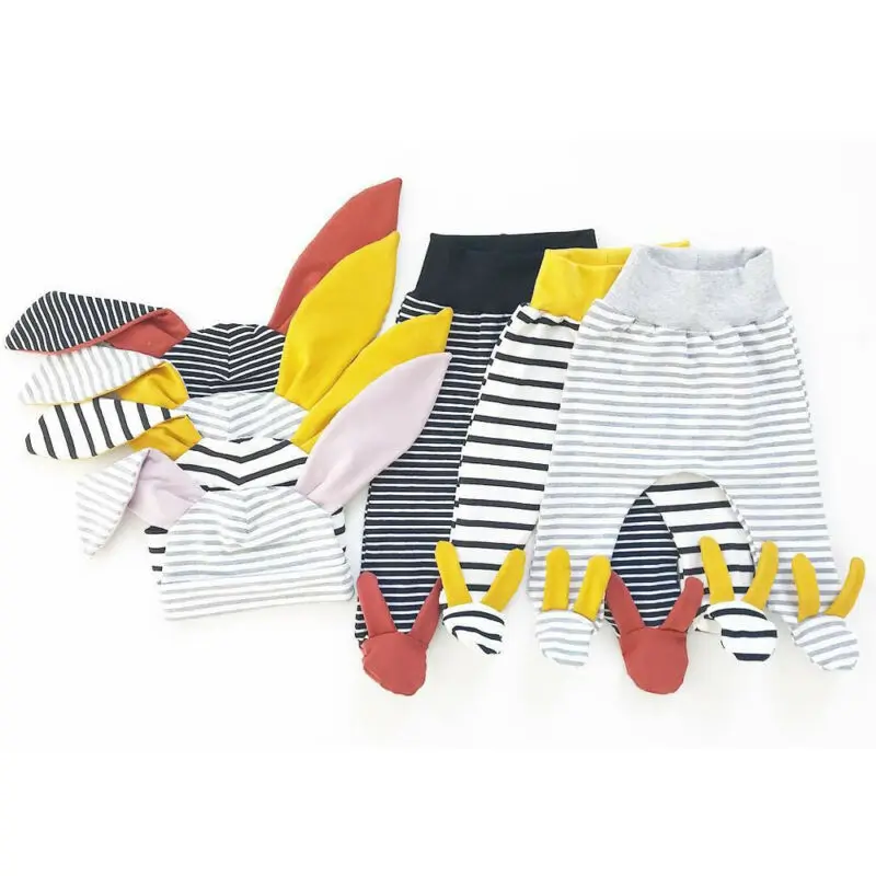 

2019 Newborn Baby Boy Girls Pants+Hats 2pcs Autumn Winter Outfits Stripe Wrap Foot Long Ear Hat