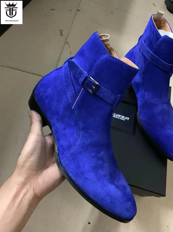 2020 New Chelsea boot royal blue suede boots point toe buckle ankle boots sliver buckle mujer botas party shoes - AliExpress