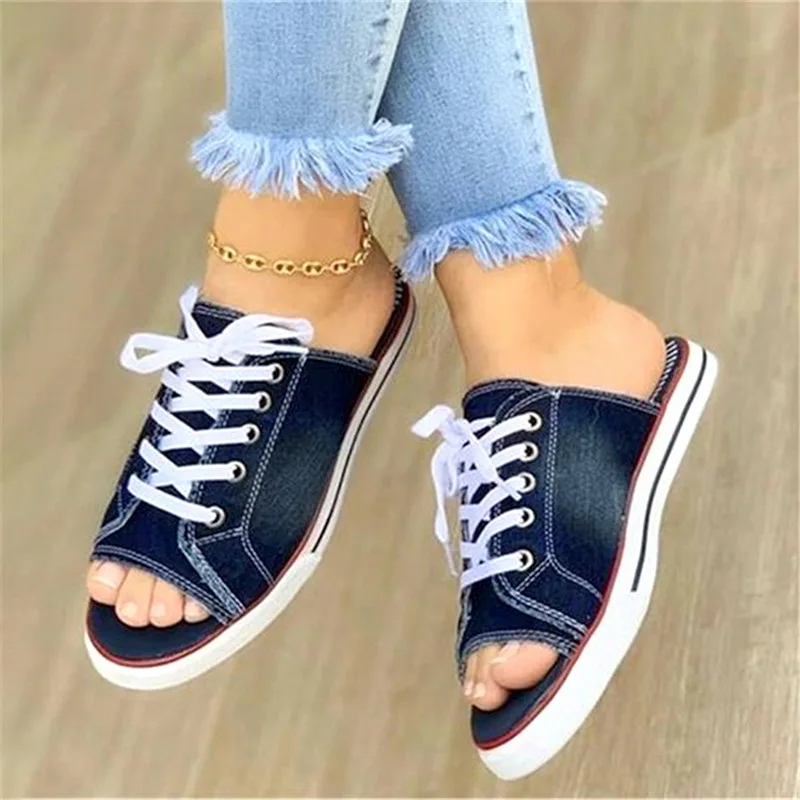 

Slipper Women Slide Denim Flat Shoe Lady Summer Peep Toe Home Female Casual Fashion 2020 Summer Woman Comfort Plus Size