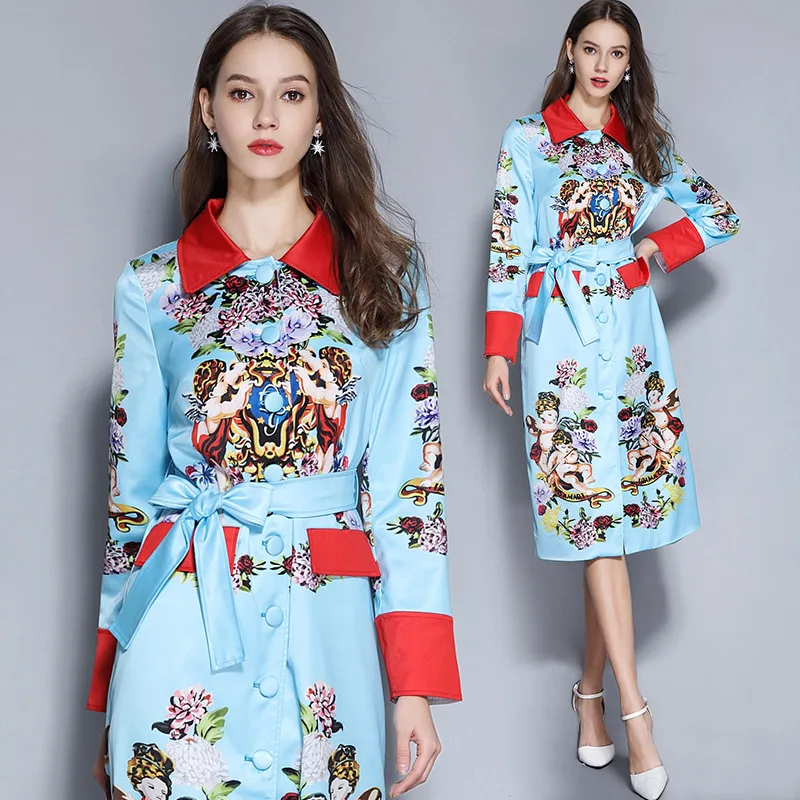 

2019 Early Spring High-End Customizable Catwalks Angel Rose Printed Contrast Color Mid-length Trench Coat