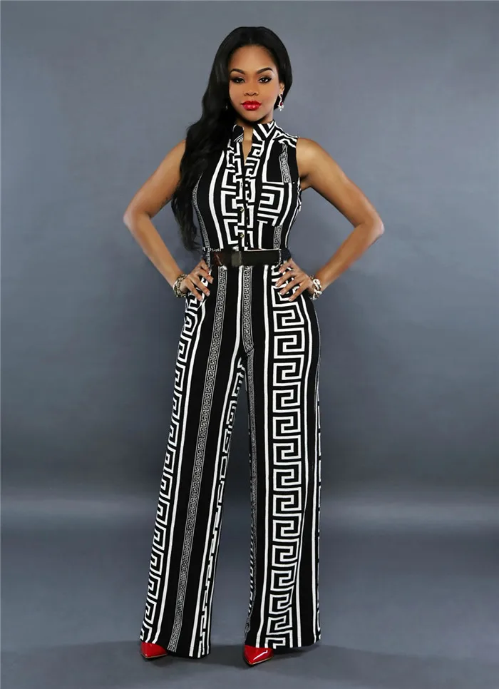 Black nFashion women's loose slim casual jumpsuit print straight trousers clothes africa - Color: Black